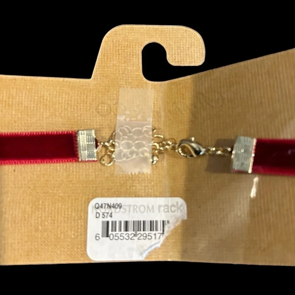 Velvet Cherry Red Clear Round Rhinestone Accent and Adjustable Chain Closure